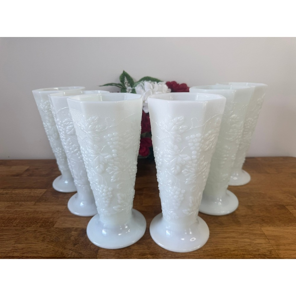 Vintage Grapevine Milk Glass Pedestal Vases Holiday Wedding Decor MCM Hexagon